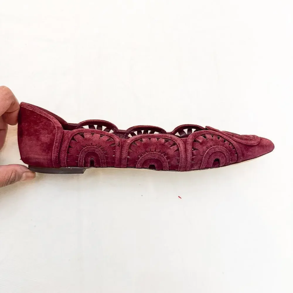 Tory Burch Leyla Laser-Cut Suede Flats Pointy Toe Red Burgundy Shoes Size 10